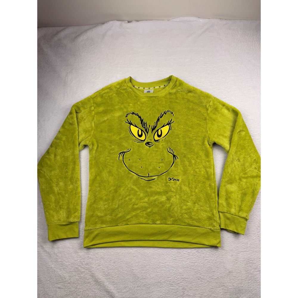 The Grinch Sweatshirt Unisex Medium Lime Green Fuzzy Fleece Graphic Pullover